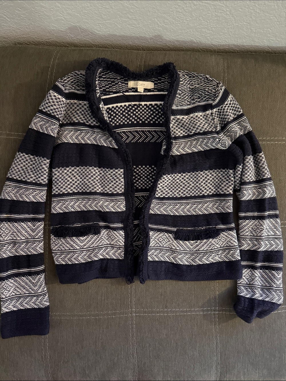LOFT Navy and Cream Fringe-Trim Striped Open Cardigan